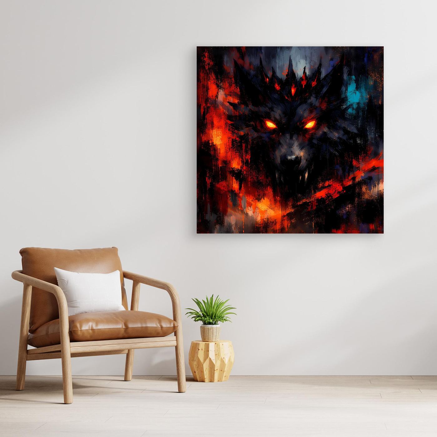 Abstraktes Leinwand-Wandbild mit Wolfsgesicht in Schwarz-Rot, leuchtende Augen, schwarzer Rahmen