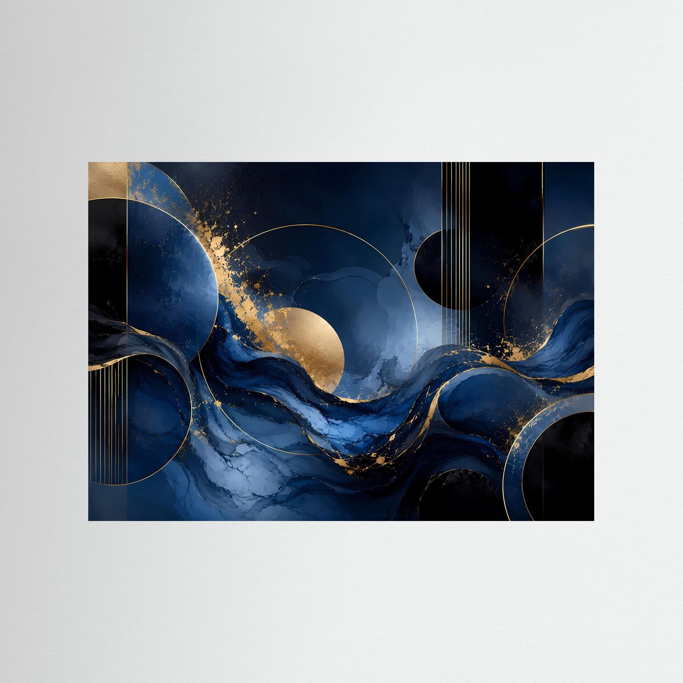 Abstrakte Wellen in Tiefblau und Gold | Luxuriöse moderne Kunst mit fließenden Formen und geometrischen Kreisen | Elegantes Schwarz-Blau-Gold Wandbild im Querformat