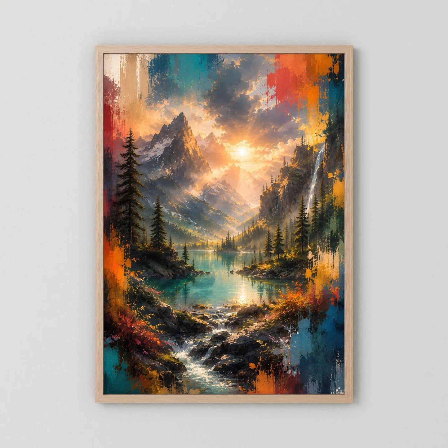 Hochformat-Wandbild mit hellem Holzrahmen und Berglandschaft bei Sonnenuntergang
