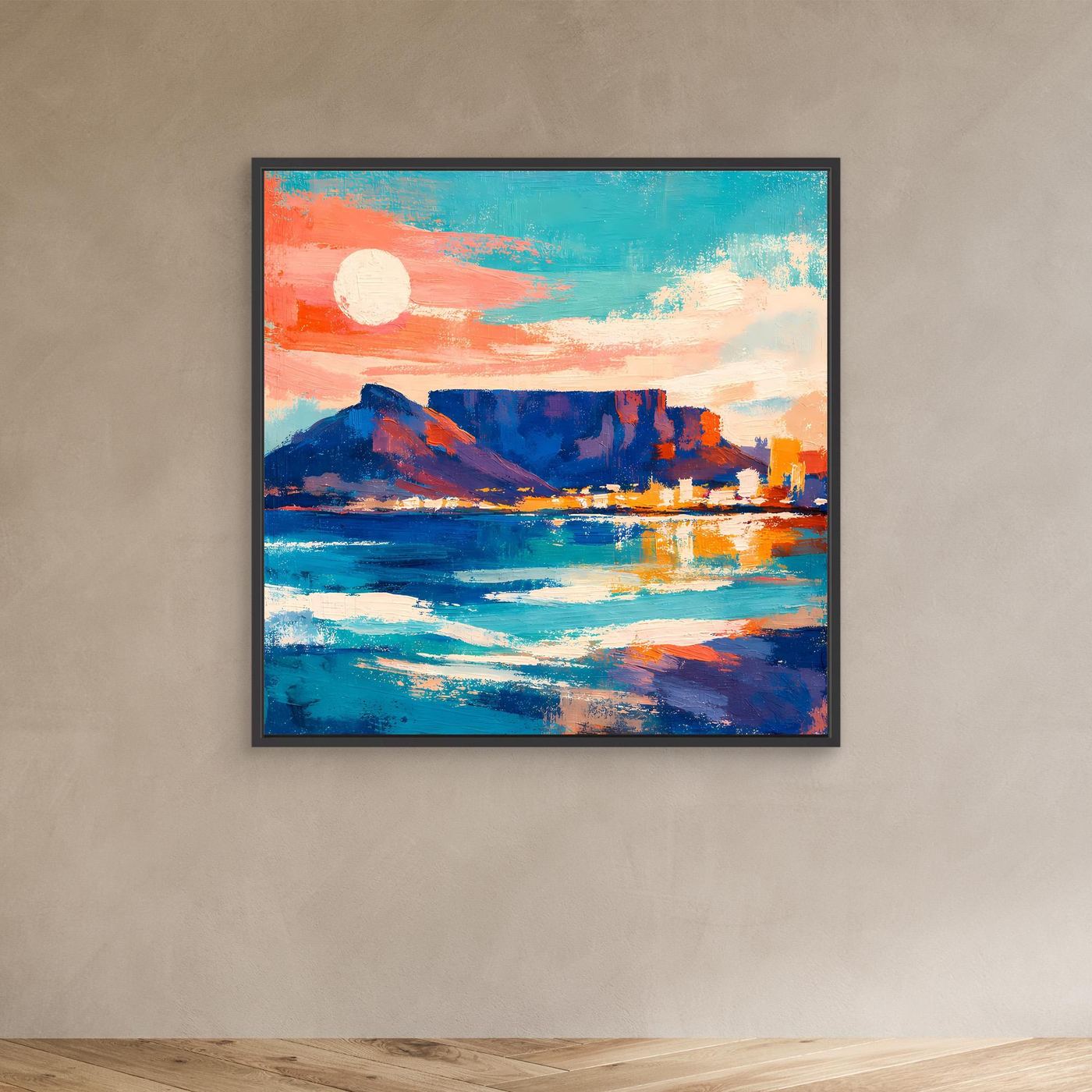 Abstraktes Leinwandbild mit Sonne am Horizont, Bergsilhouette, Meer und Skyline im schwarzen Rahmen