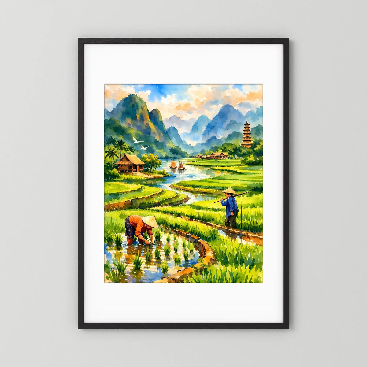 Hochformatiges Poster mit Reisfeldern, Pagode und Bauern am Wasser, schwarzer Rahmen mit Rand