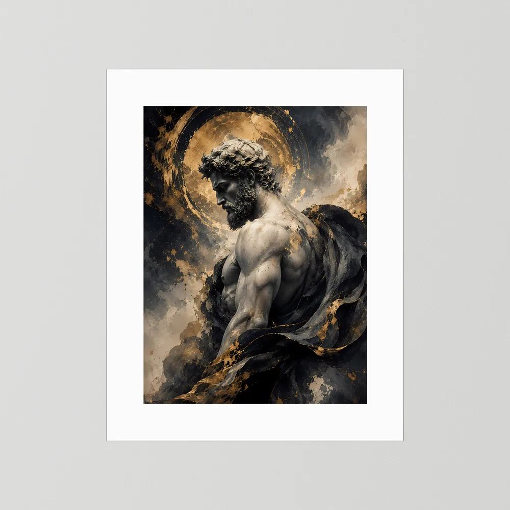Kunstposter im Hochformat mit Statue und goldenem Heiligenschein, in hellem Passepartout.