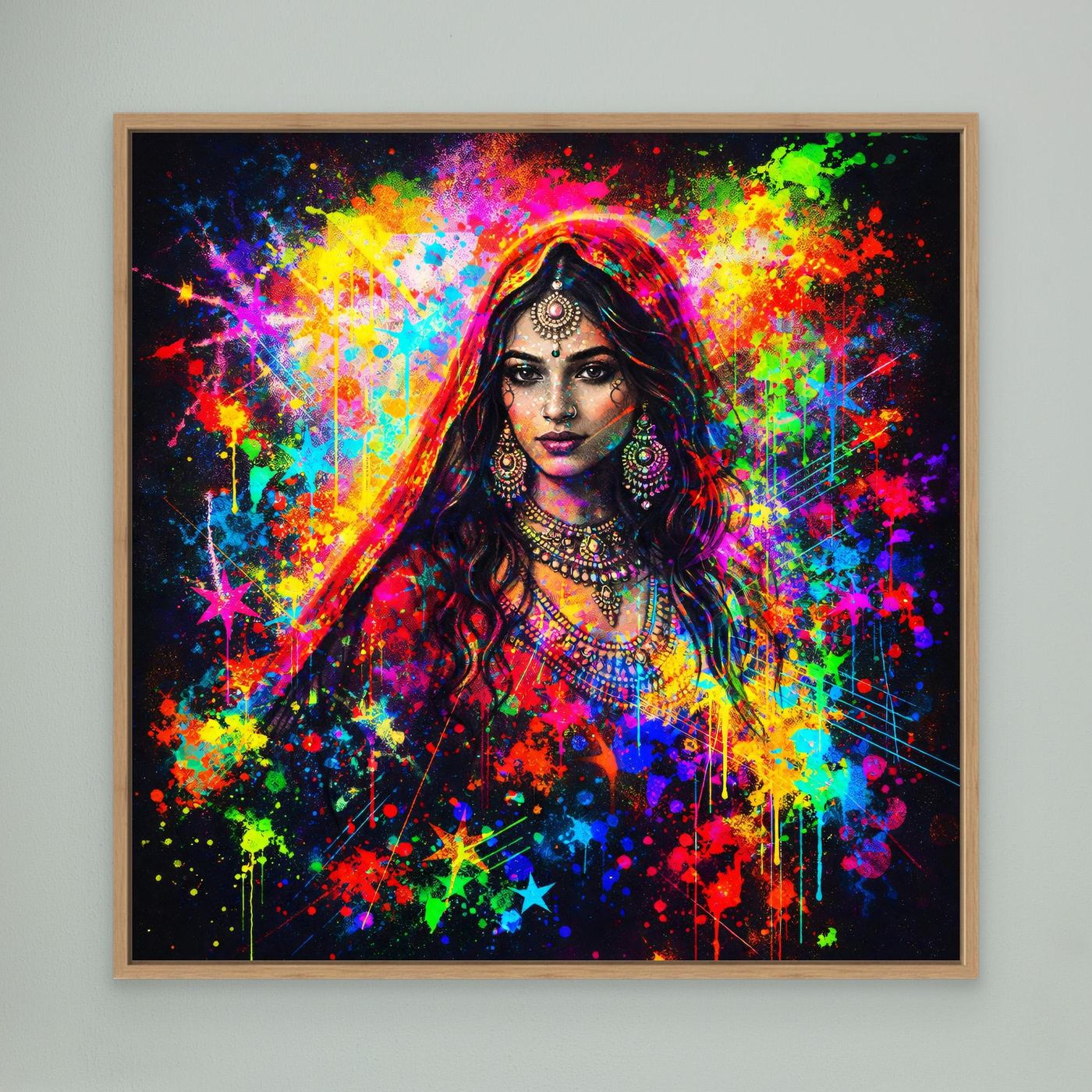 Leinwandbild mit Porträt einer indischen Frau, Neon-Farbspritzer, Holzrahmen