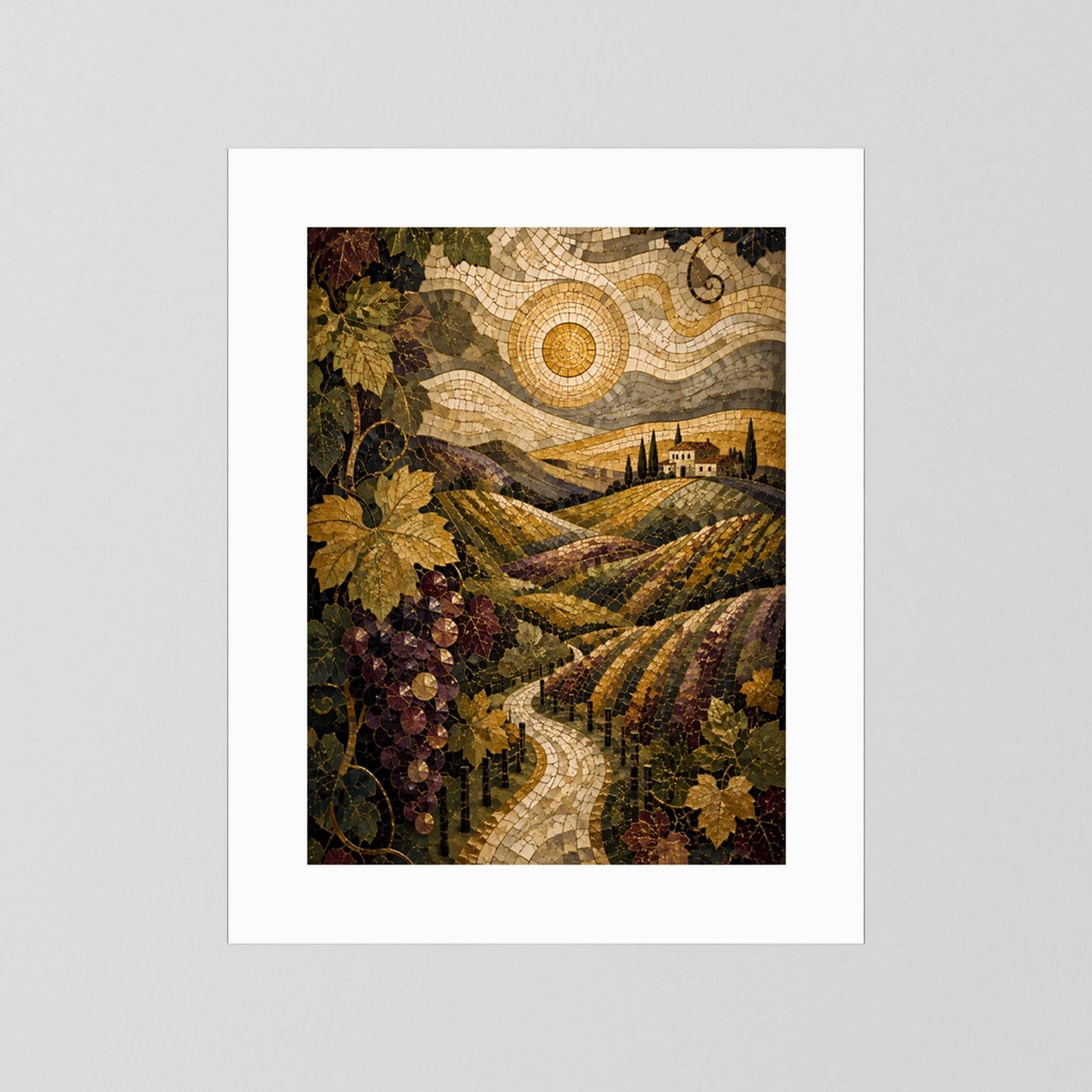 Poster im Hochformat mit weißem Rahmen und Passepartout, Mosaik-Weinlandschaft mit Trauben