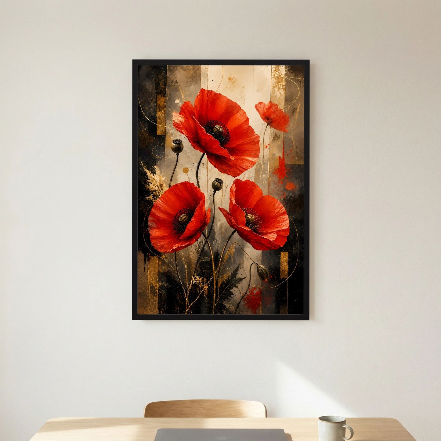 Roter Mohn in Gold & Schwarz | Elegante florale Kunst | Poster Hochformat