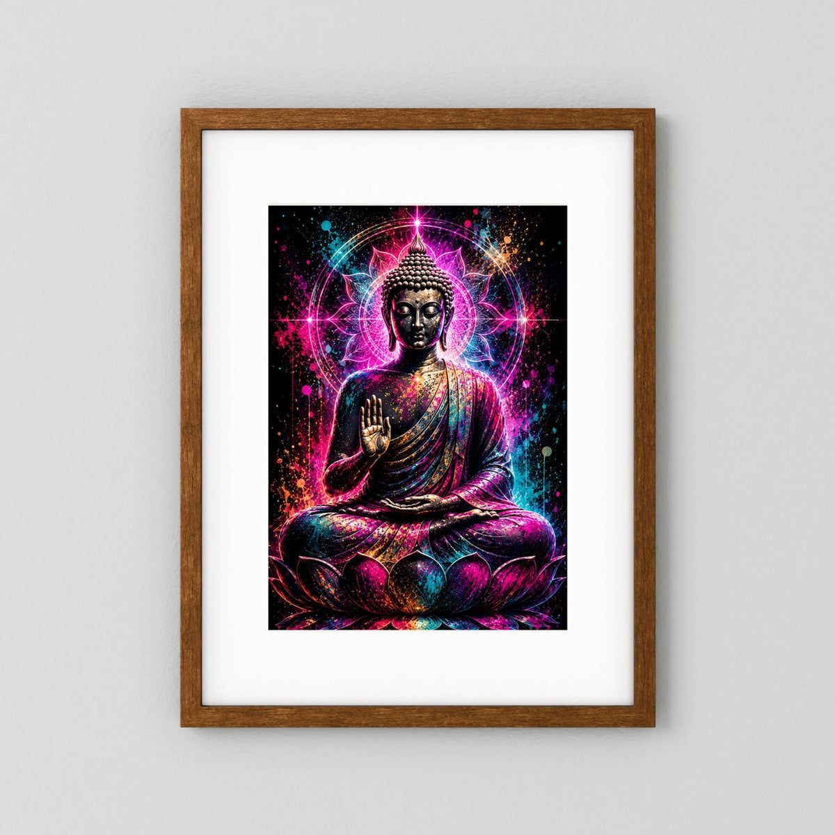Hochformatiges Buddha-Neonmandala-Poster im Holzrahmen: Meditationsbuddha auf Lotus, pink/türkis Strahlen