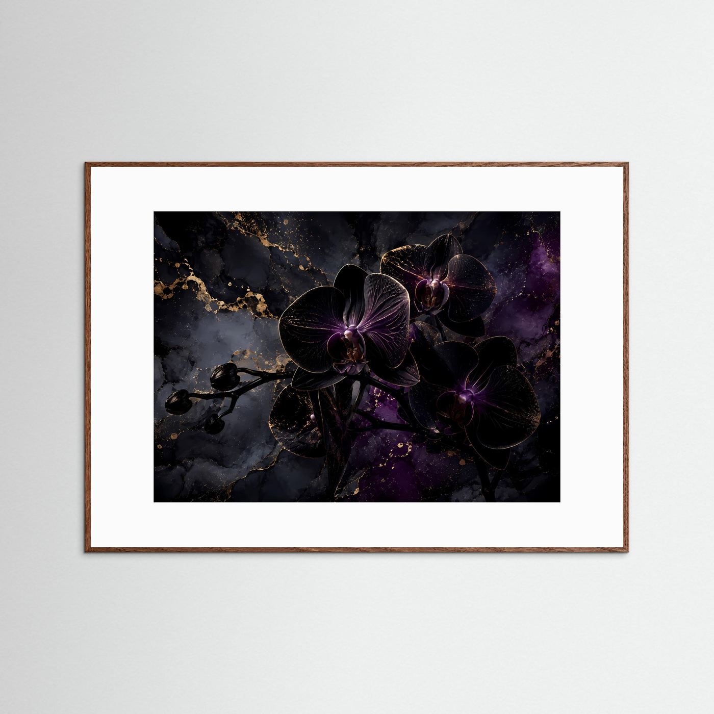 Schwarze Orchideen in Gold & Violett | Luxuriöses Florales Wandbild Querformat