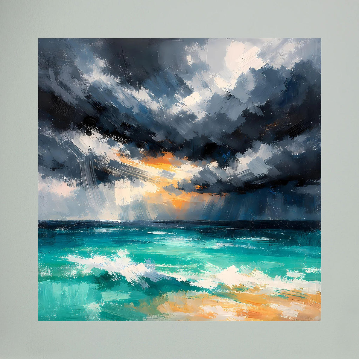 Leinwand-Wandbild mit Gewitterwolken, türkisfarbenem Meer und orangefarbenen Farbsprenkel-Akzenten.