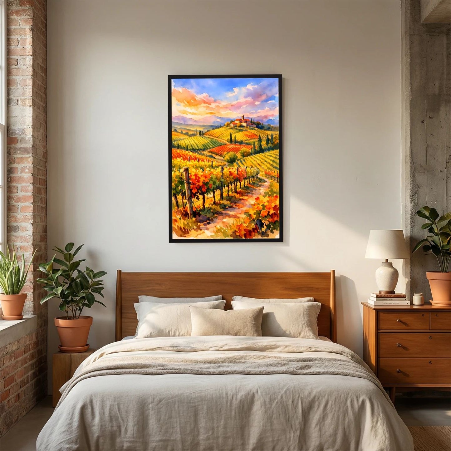 Hochformatiges Weinberg-Poster mit italienischer Landschaft, schwarzer Rahmen im Schlafzimmer