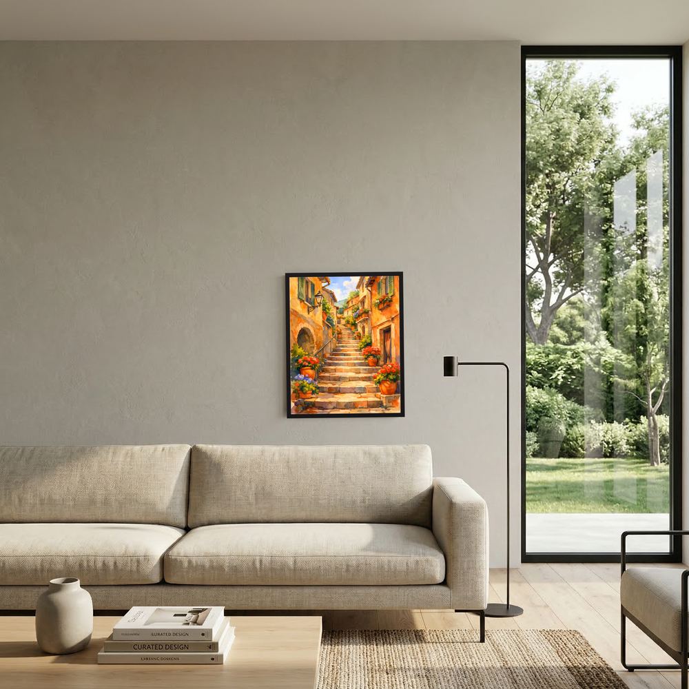 Wandbild im Hochformat mit Treppengasse und Blumen in Töpfen über Sofa