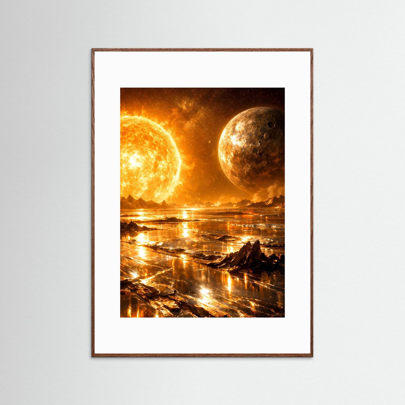 Weltraumposter im Hochformat, brauner Holzrahmen, zwei Planeten über goldenem Meer
