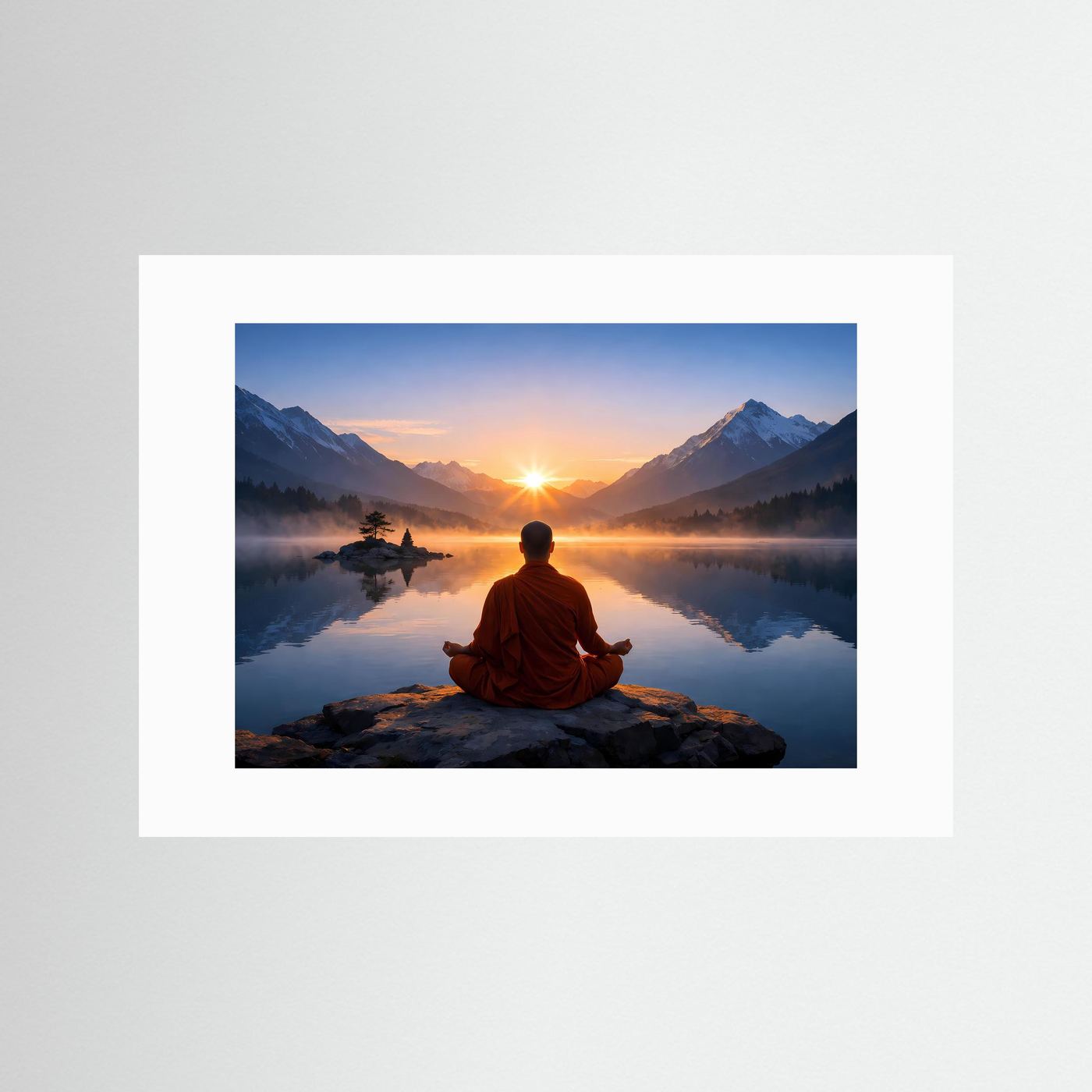 Poster mit meditierendem Mönch auf Felsen am Bergsee zum Sonnenaufgang, weißer Rand