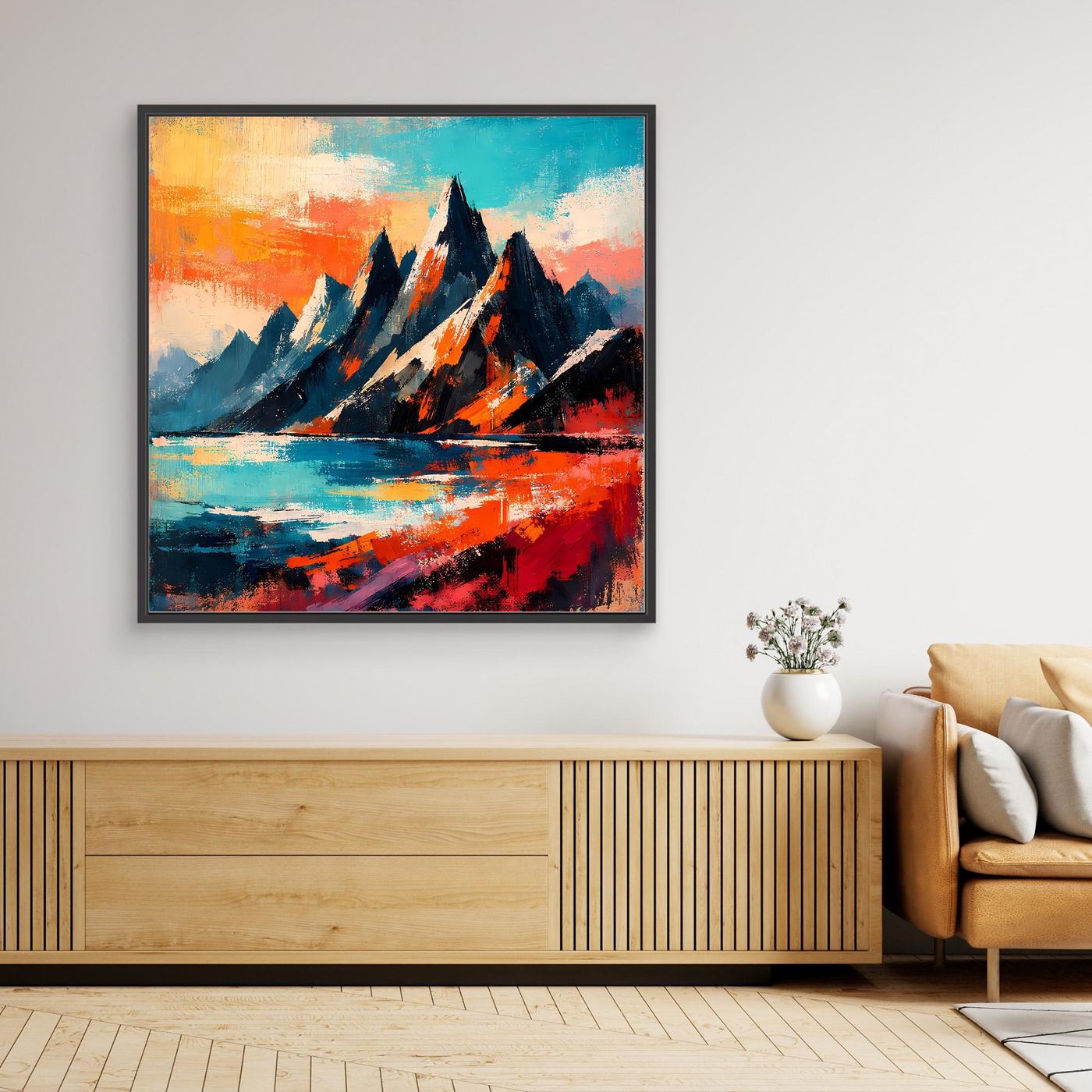 Gerahmtes Leinwandbild mit abstrakten Bergen, farbiger Landschaft und Wasserfläche, schwarzer Rahmen