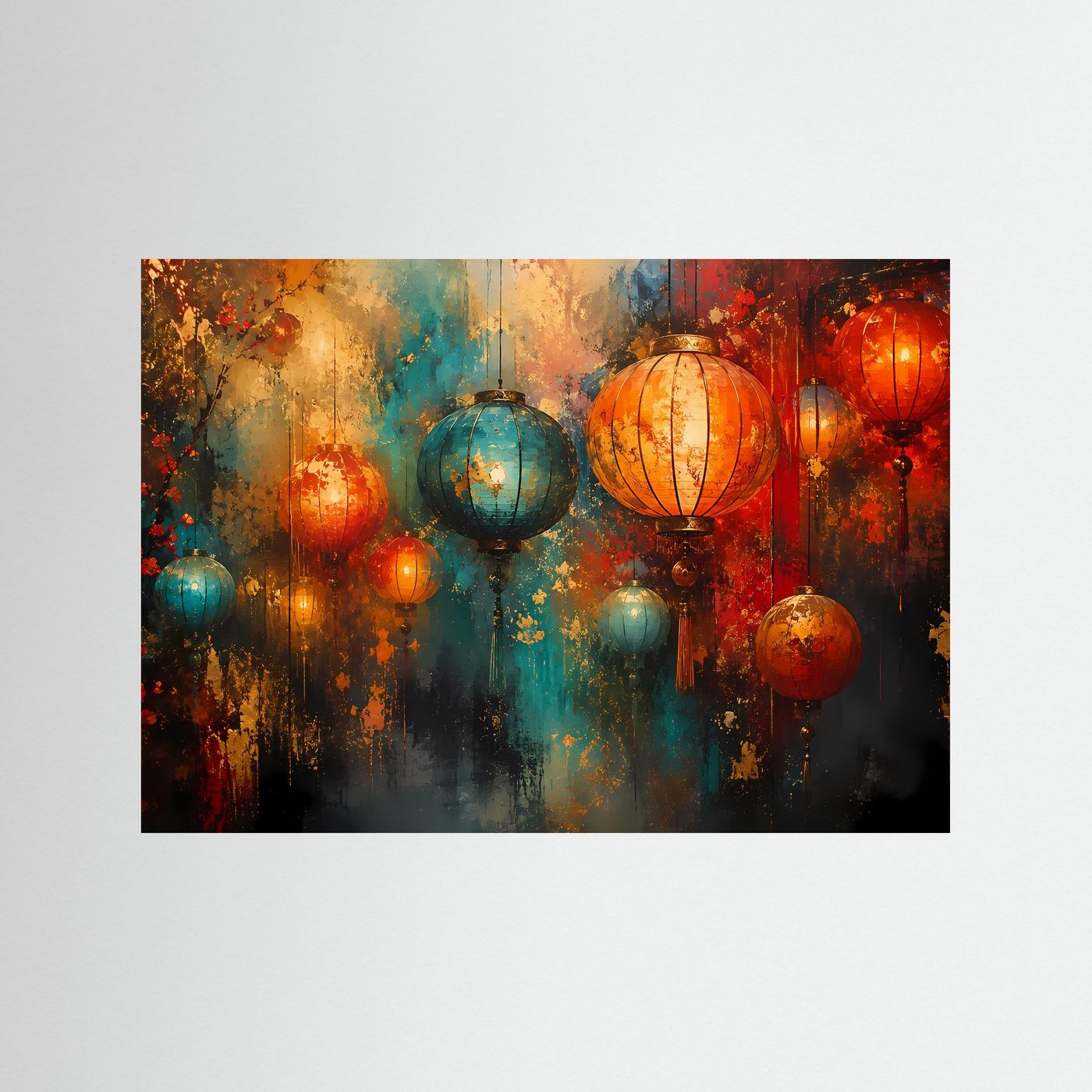 Poster mit Laternen in Orange, Blau und Gold; Querformat, schwarzer Rahmen