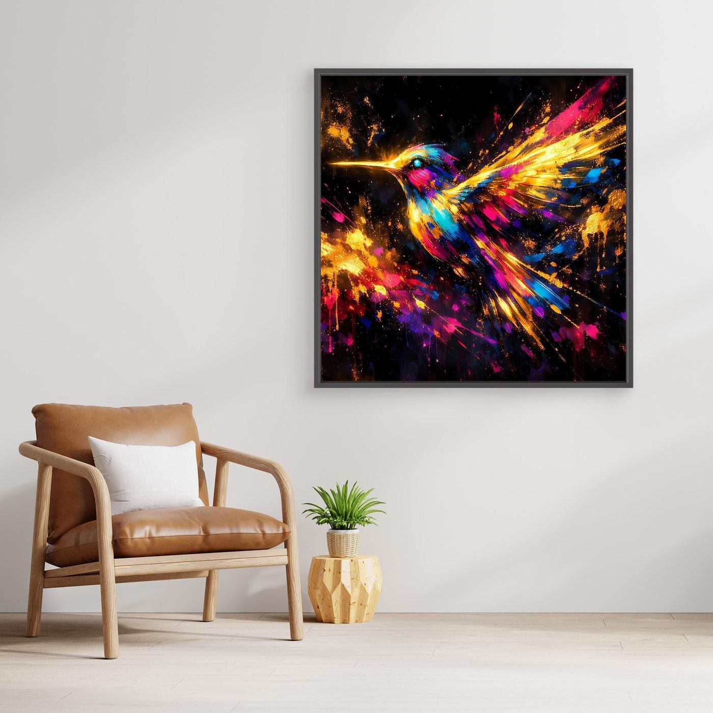 Leinwand Farbenfroher Kolibri im Flug | Abstraktes Modernes Wandbild Bunt