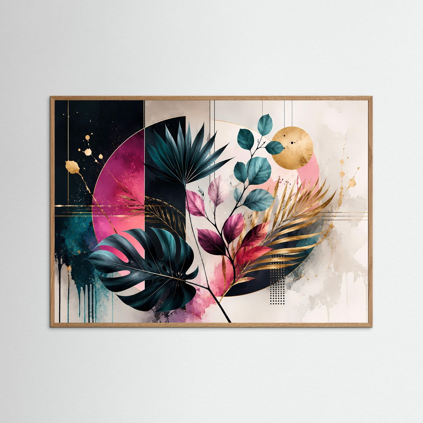 Abstrakte Botanik Poster | Moderne Blätter Wandkunst | Geometrische Pflanzen Kunst | Tropical Boho Leinwand | Gold & Pink Design Bild
