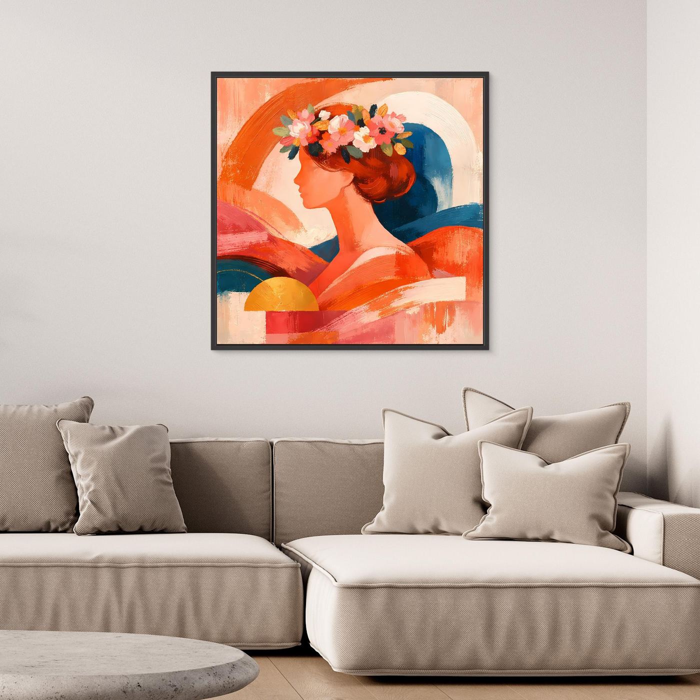 Gerahmtes Leinwandbild mit abstrakter Frauenfigur und Blumenkranz in Rot-Orange-Blau