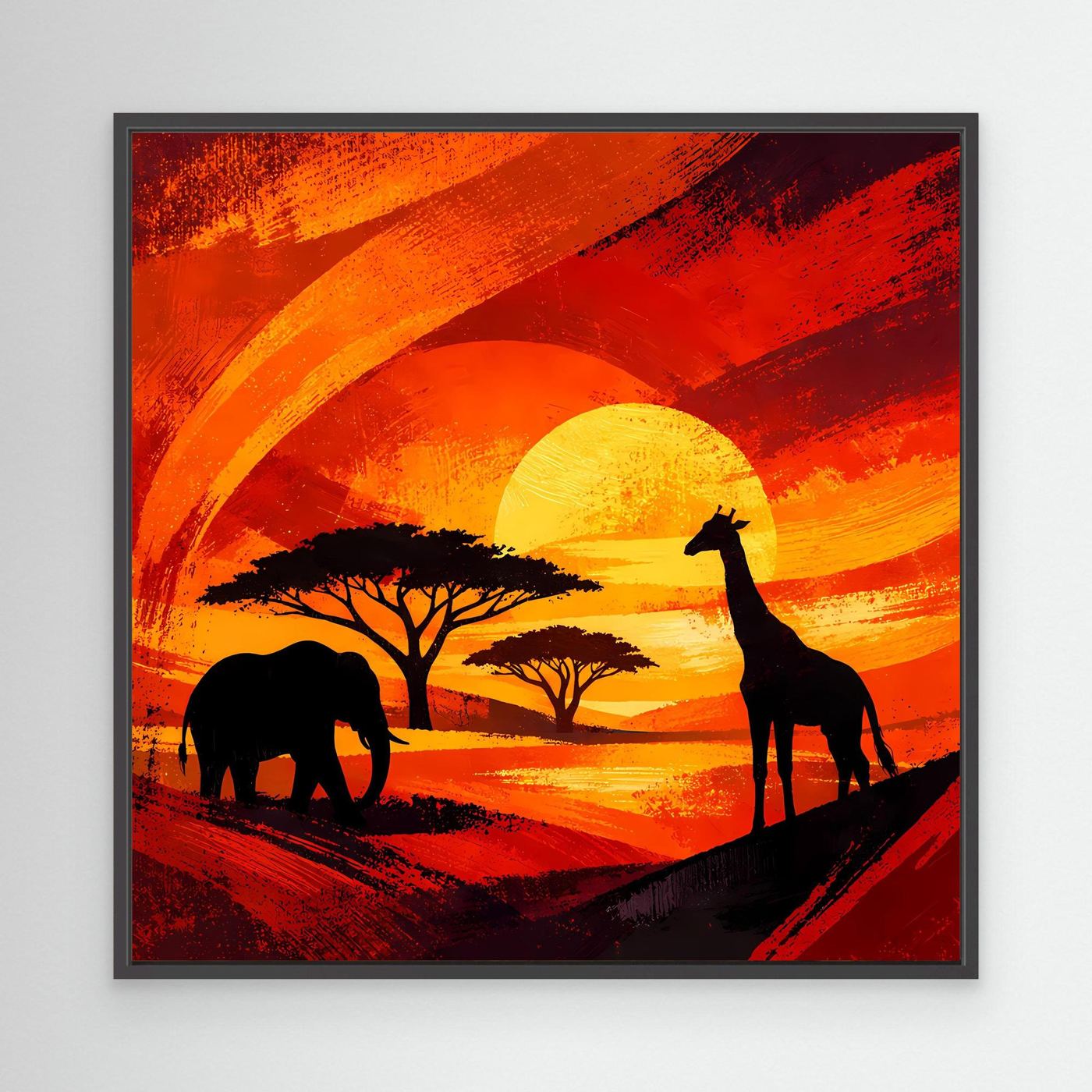 Gerahmtes Leinwandbild mit Afrikasavanne: Giraffe und Elefant vor gelber Sonne
