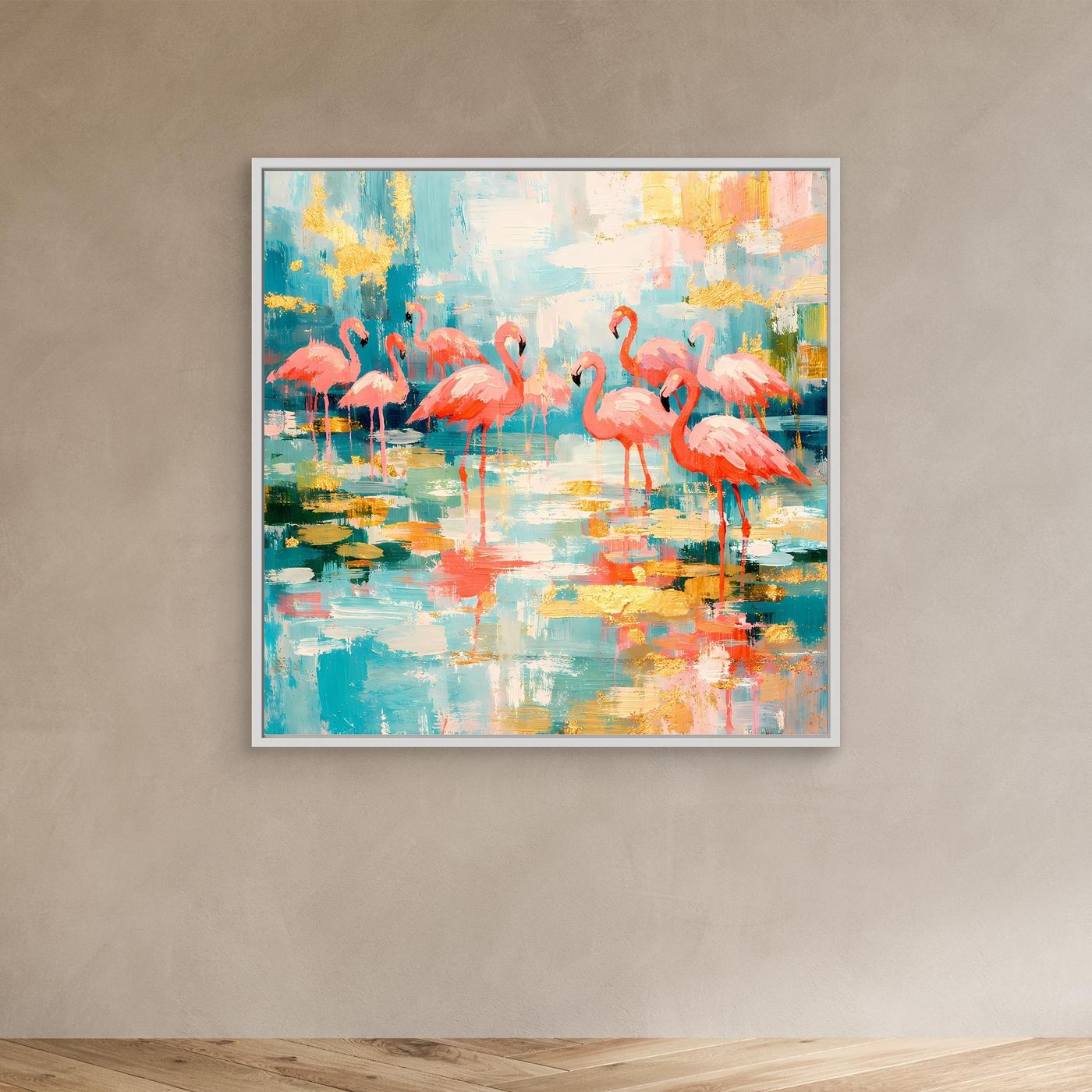 Leinwandbild mit Flamingos auf abstraktem See im weißen Rahmen