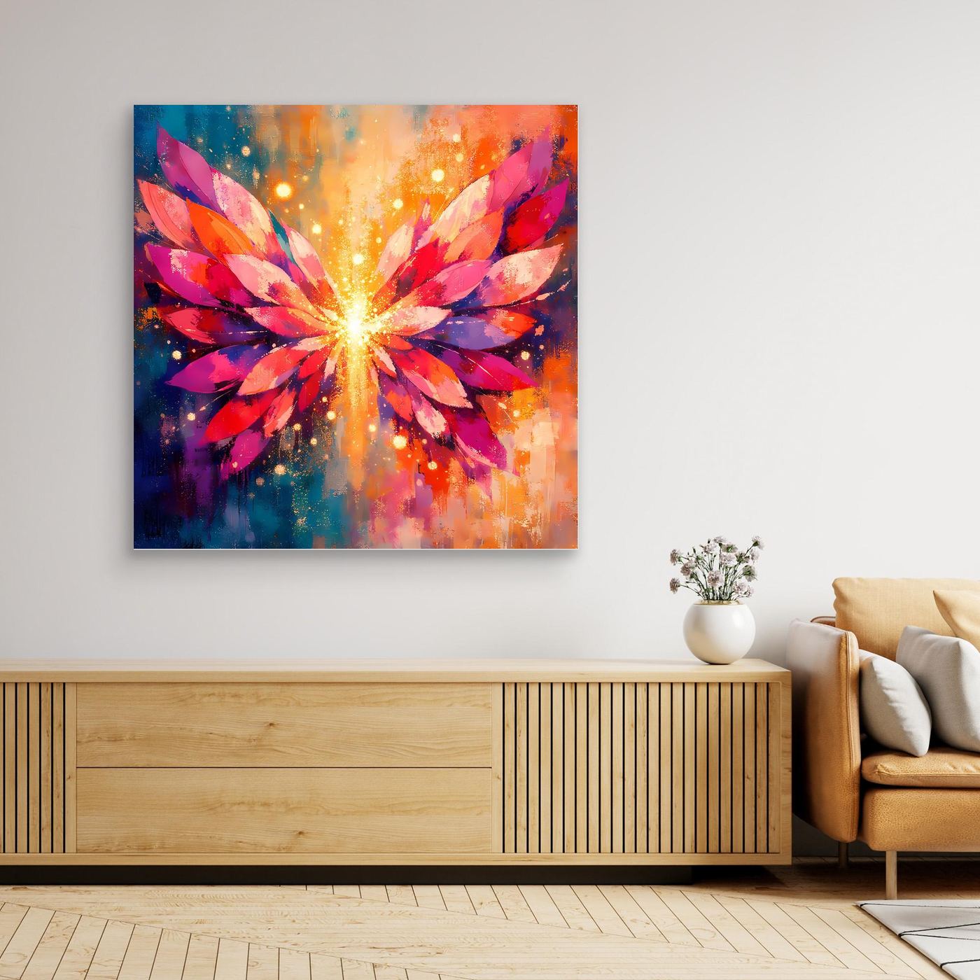 Leinwand-Wandbild mit farbigen Engelsflügeln im Lichtstrahl, dunkler Rahmen
