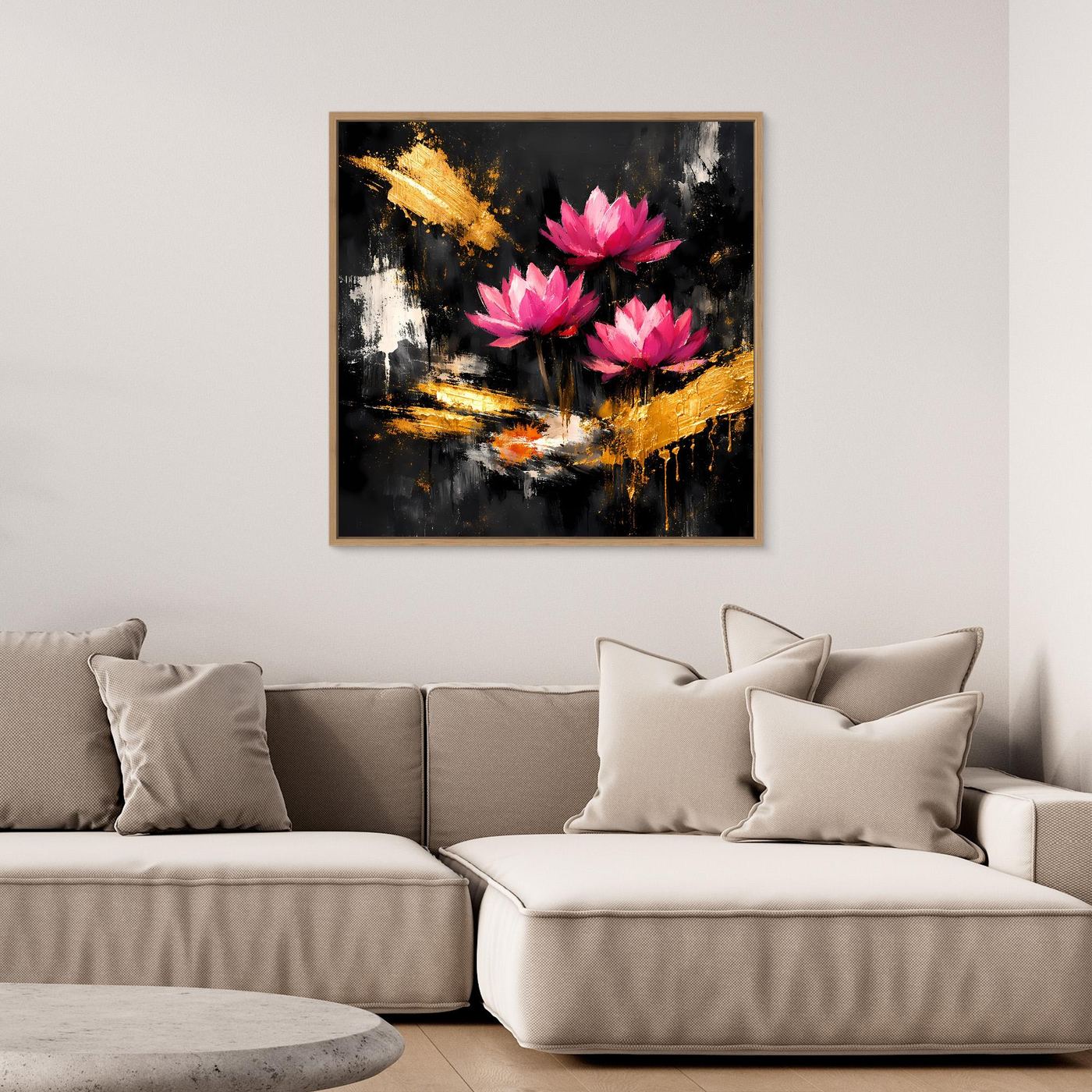 Leinwand Prachtvolle Lotusblüten in Pink und Gold | Modernes Abstraktes Blumen Wandbild