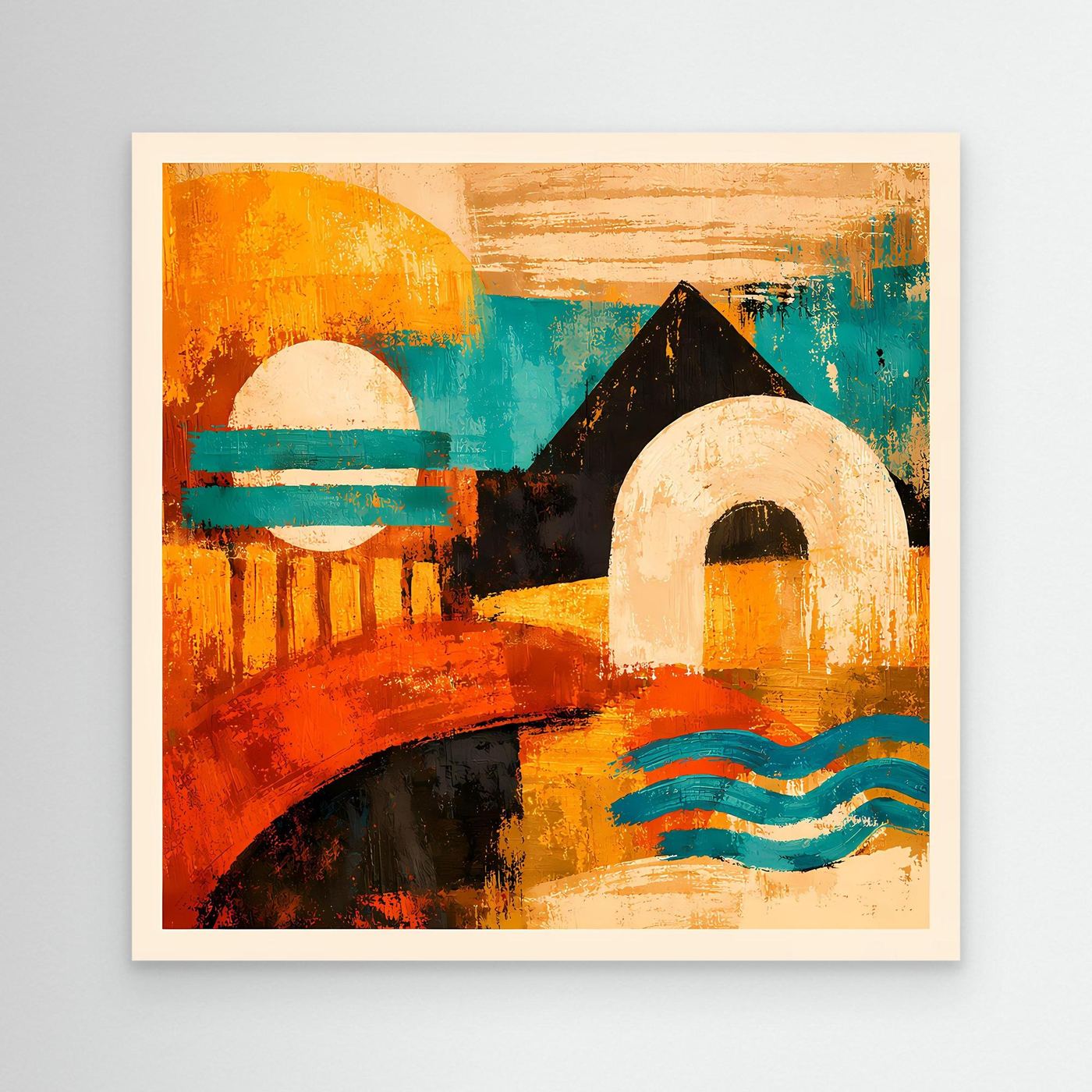 Abstraktes Leinwandbild mit buntem Gesicht, orange, türkis, schwarz und beige, Nahansicht.