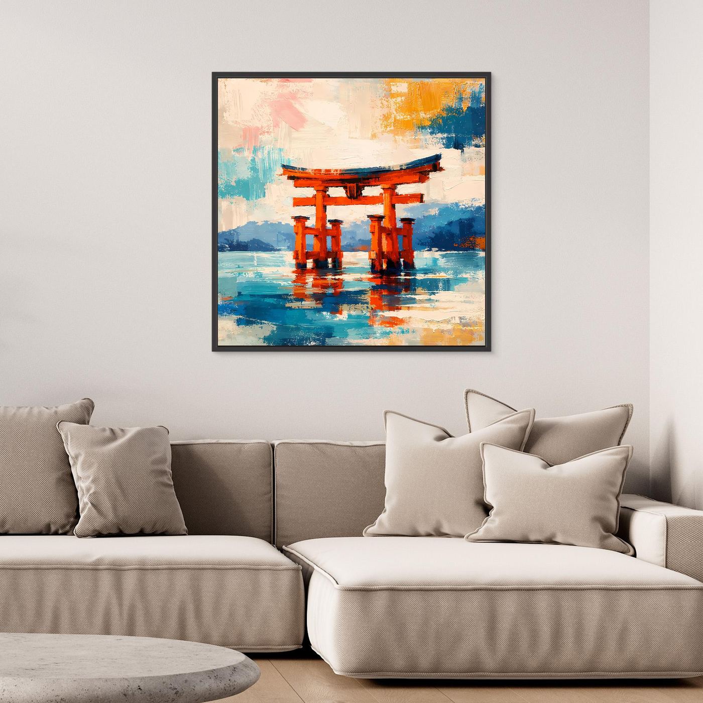 Leinwandbild Japanisches Torii-Tor im Meer | Abstraktes Kultur Wandbild auf echtem Holzkeilrahmen