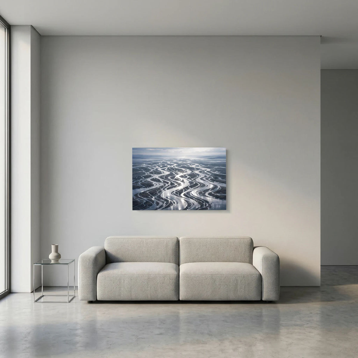 Wandbild im Querformat mit Motiv Flussdelta aus der Vogelperspektive, blau-grau
