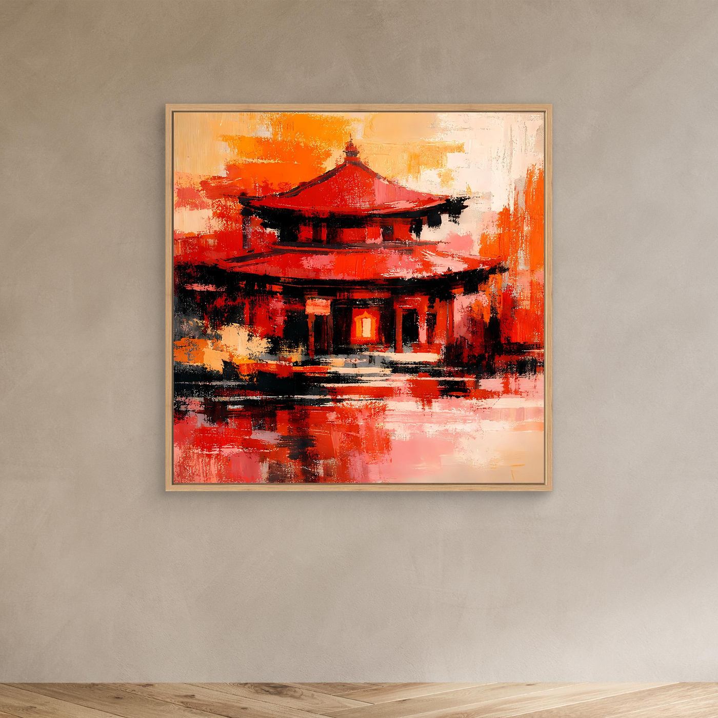 Wandbild mit Pagode in Rot-Orange, schwarze Akzente, im hellen Holzrahmen