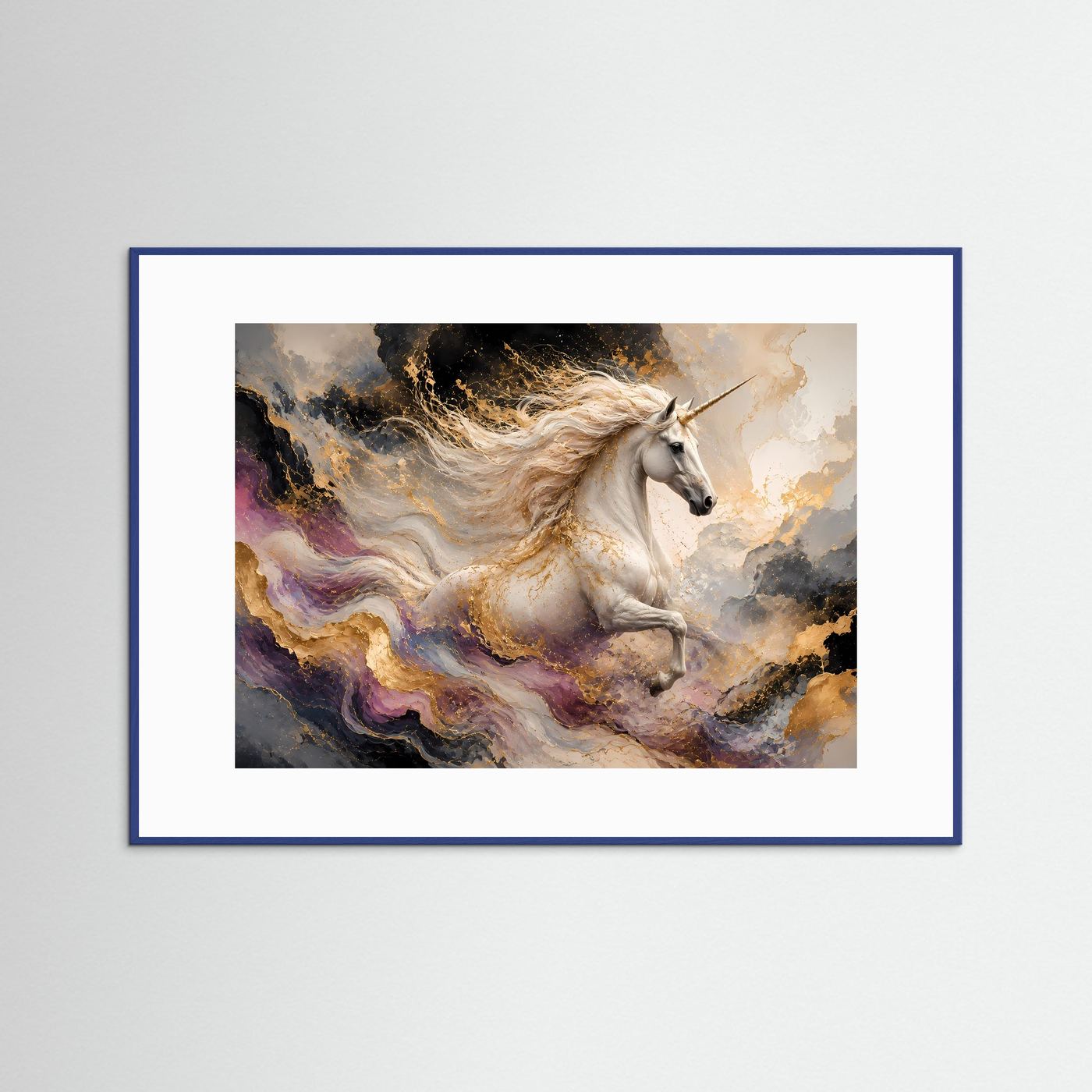 Einhornposter Querformat: laufendes Einhorn mit bunten Wolken, blauer Holzrahmen