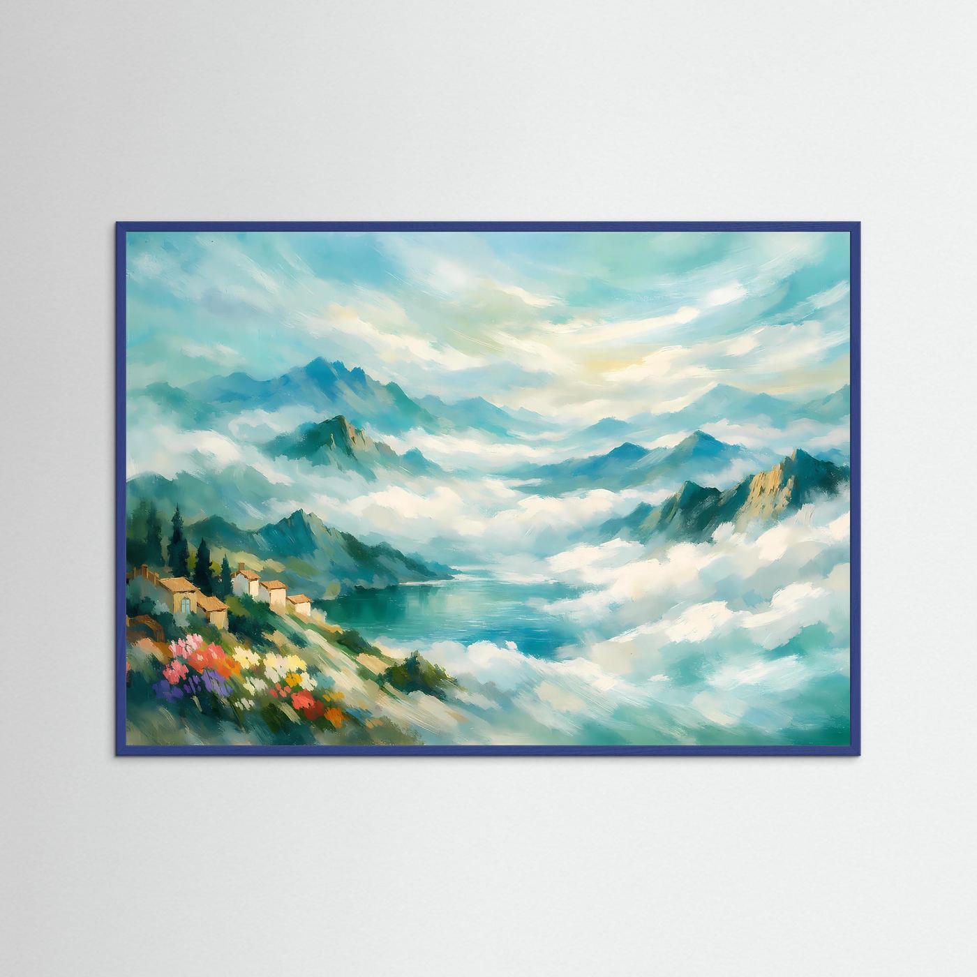 Wandbild mit Landschaftsgemälde von Bergen im Nebel, blauer Holzrahmen