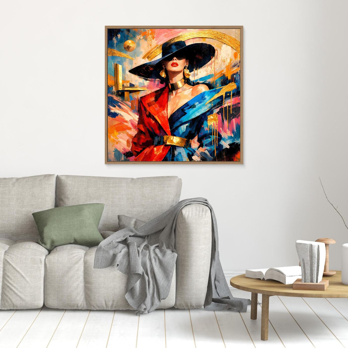 Leinwandbild mit Holzrahmen: elegante Dame mit Hut, abstraktes Fashion-Porträt in Blau, Rot und Gold