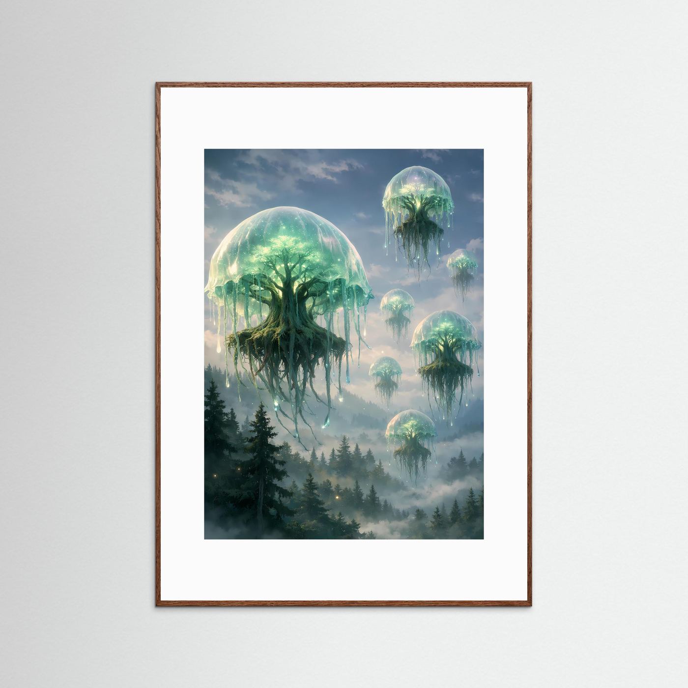 Kunstposter im Hochformat mit braunem Holzrahmen; schwebende Quallen über Waldnebel