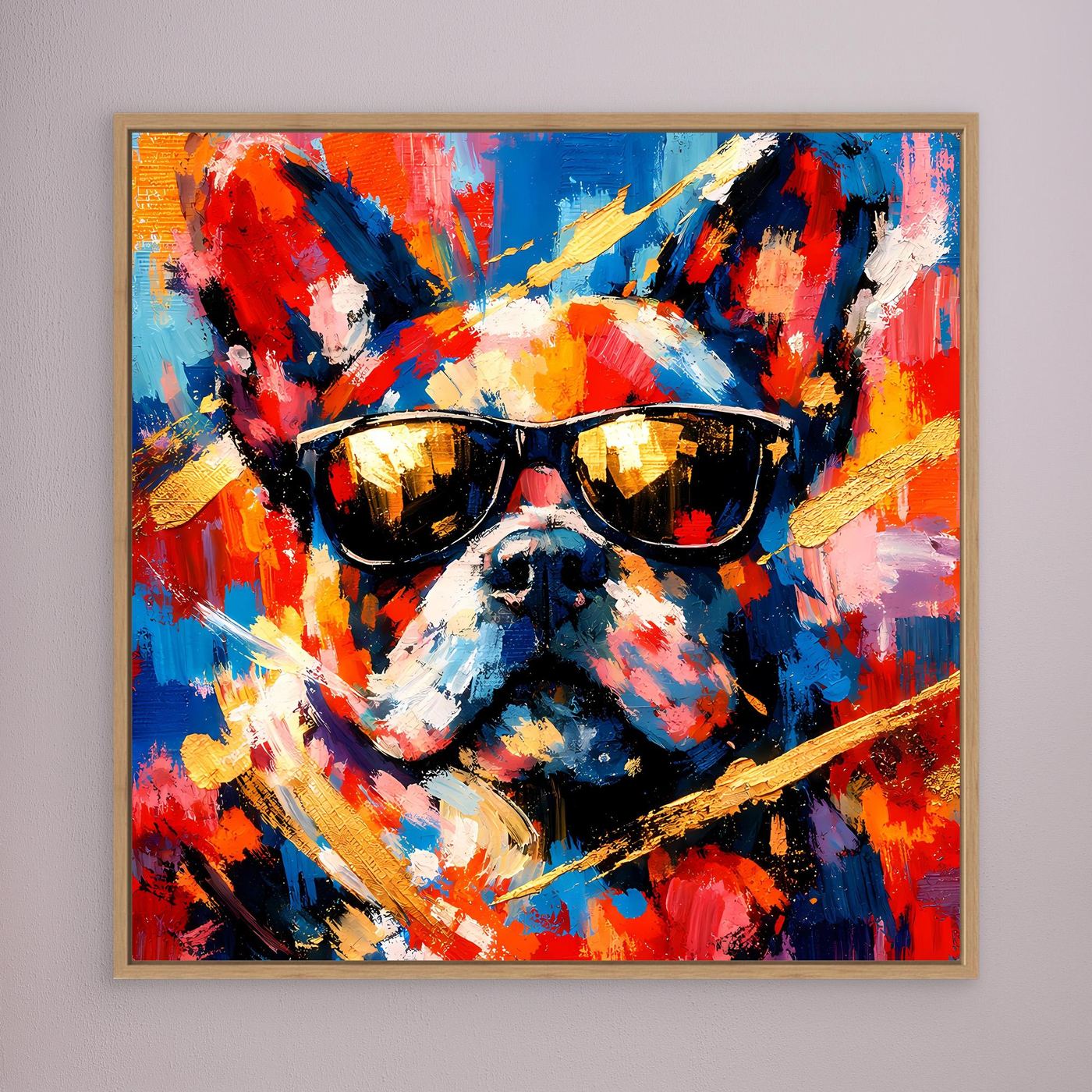 Leinwandbild mit abstrakter Französischer Bulldogge und Sonnenbrillen, bunt, goldbraun gerahmt
