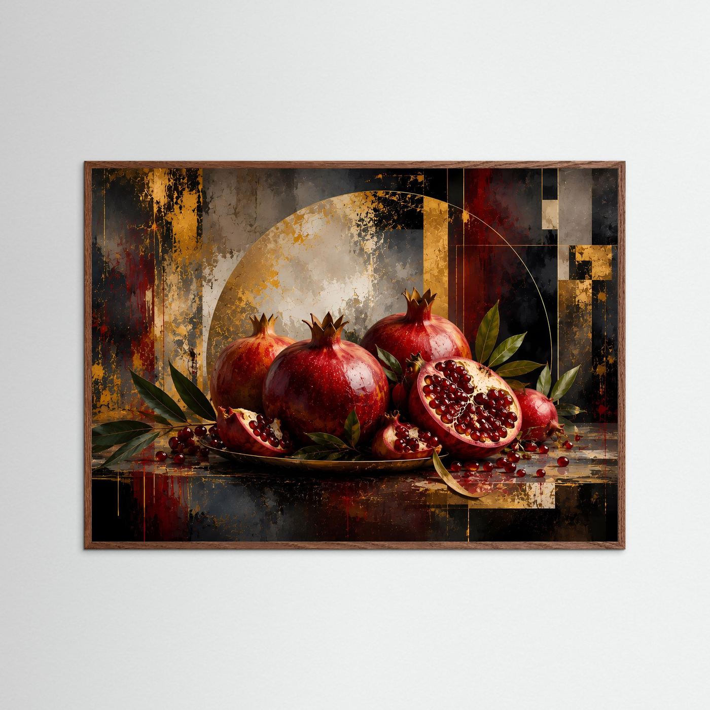 Gerahmtes Poster im Querformat mit Granatäpfeln, roten Kernen und Blättern im Kunststil