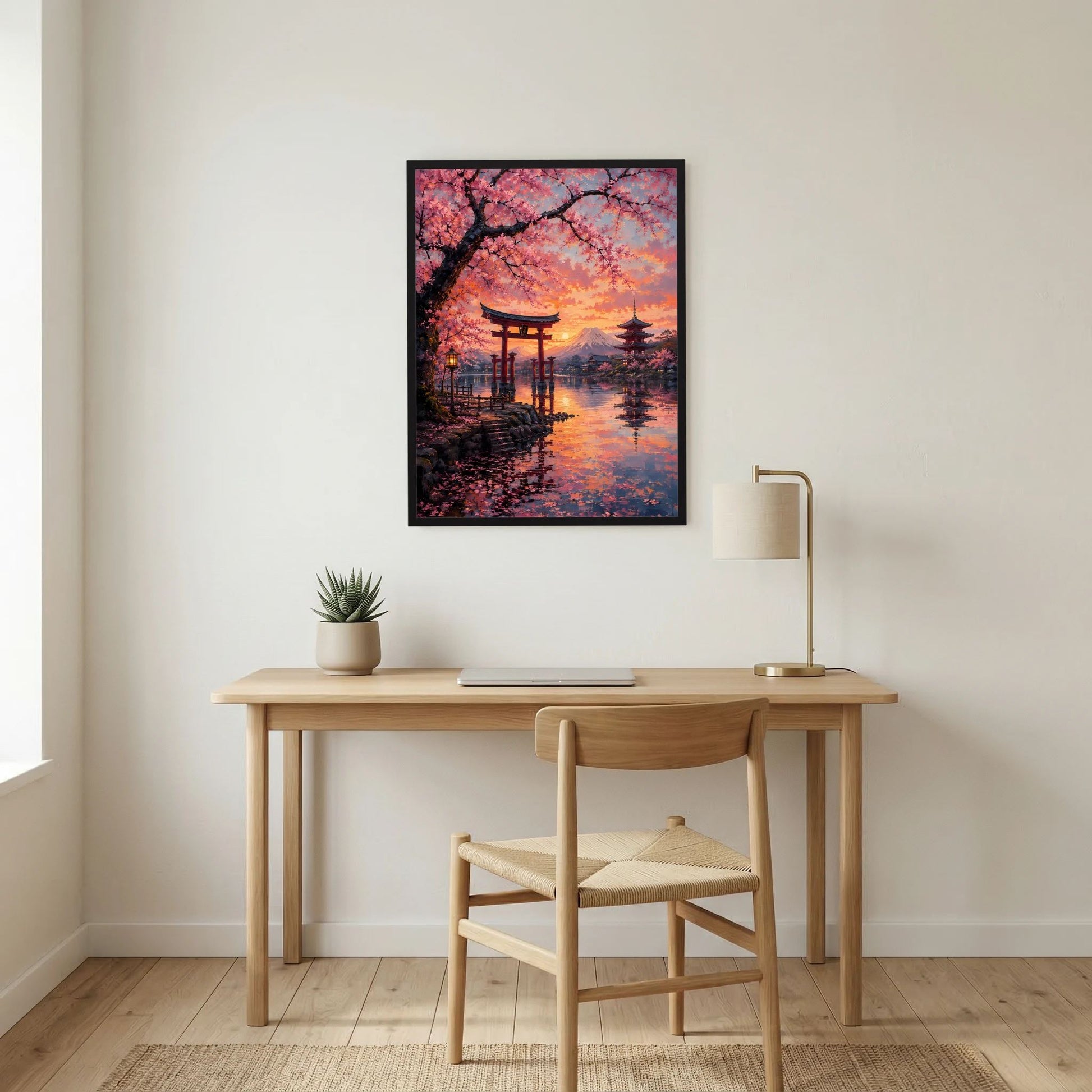 Schwarz gerahmtes hochformatiges Poster mit Torii, Kirschblüten und Fuji bei Sonnenuntergang