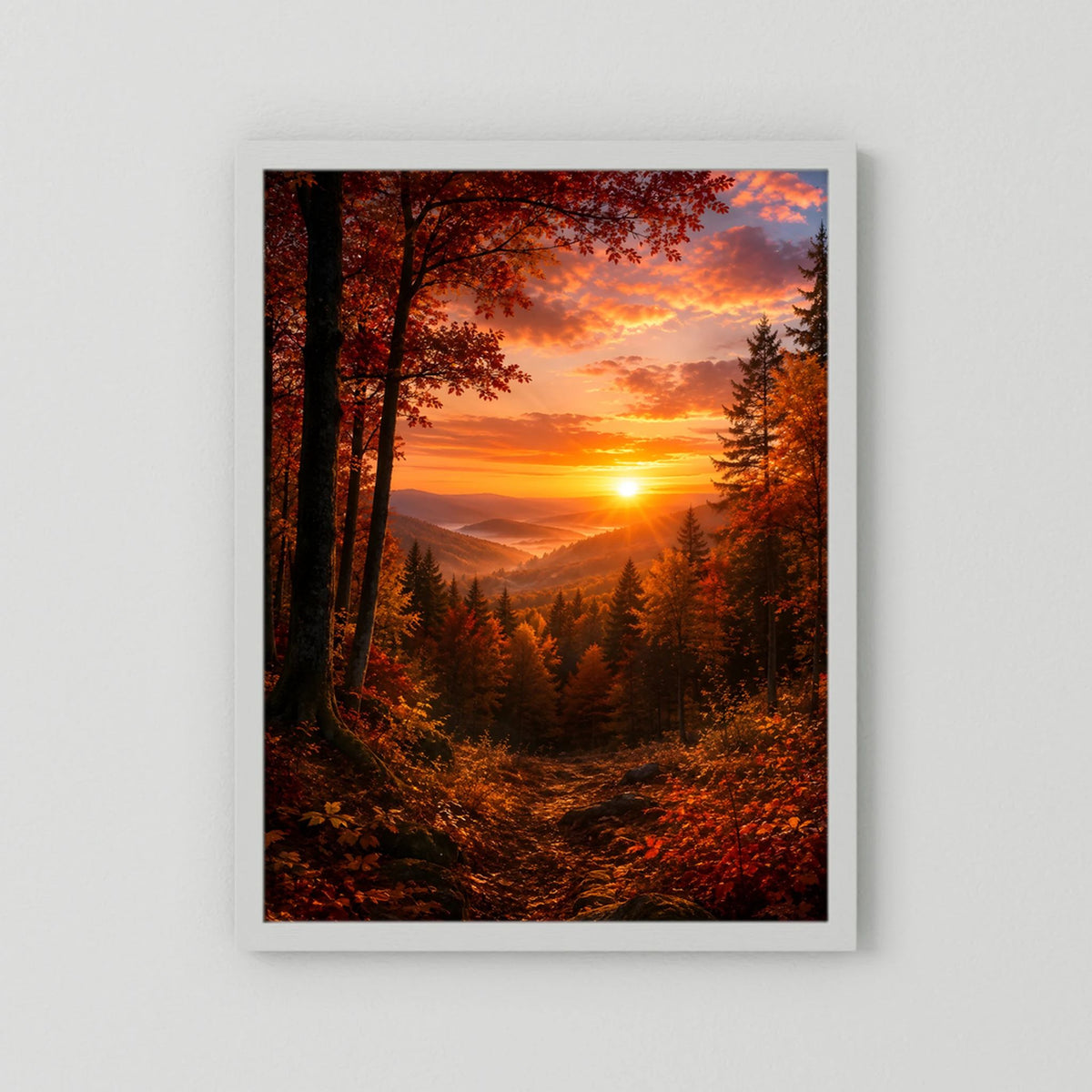 Kunstposter mit hellem Rand: Herbstwald mit orangefarbener Sonne im Sonnenuntergang, Hochformat