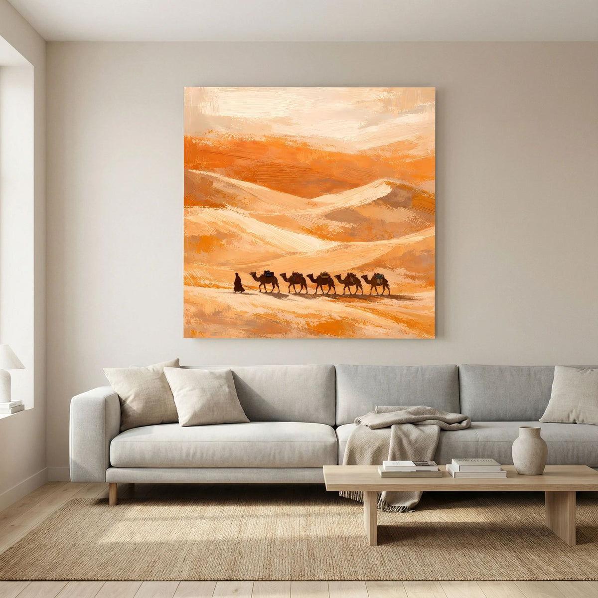 Leinwandbild mit Wüstenlandschaft und Kamelkarawane, orangefarbener Himmel, Holzrahmen