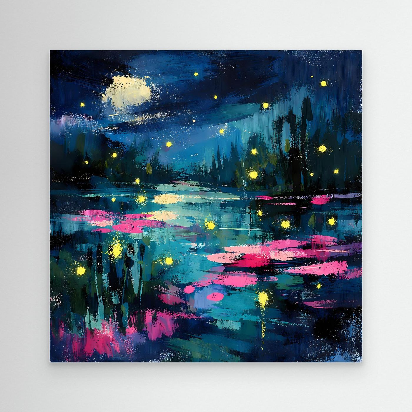 Abstract canvas wall art: moonlit lake with glowing fireflies and pink reflections