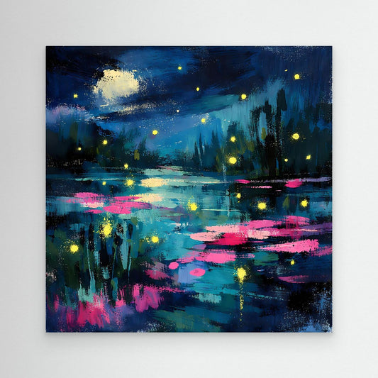 Abstract canvas wall art: moonlit lake with glowing fireflies and pink reflections