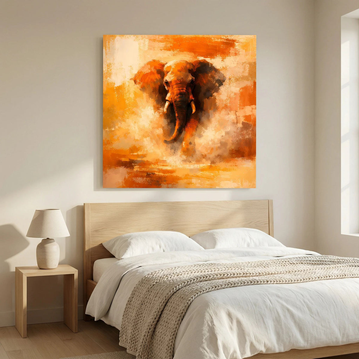 Leinwand Abstraktes Elefanten Gemälde | Modernes Kraftvolles Tier Wandbild Orange Ocker
