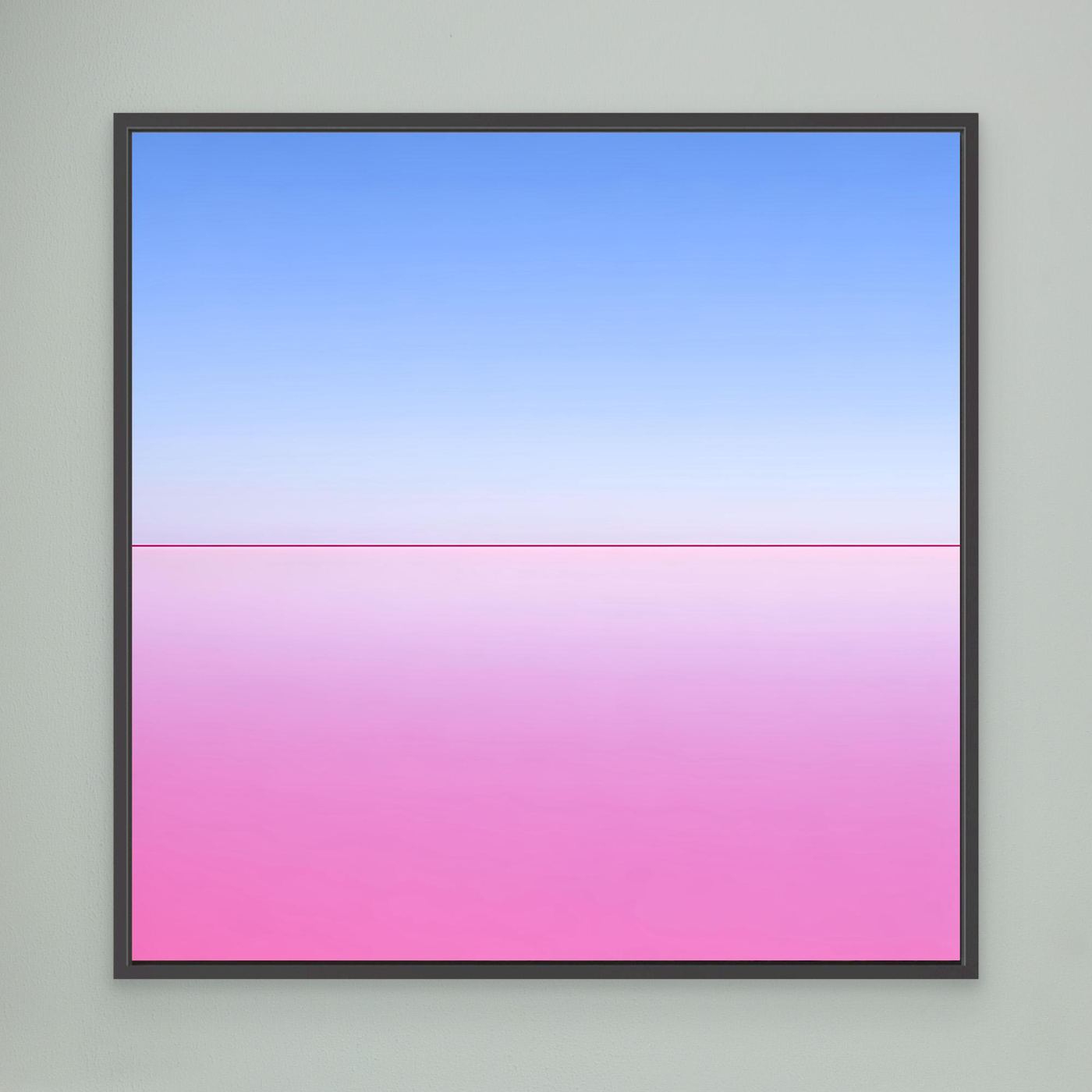 Quadratisches Leinwandbild mit Pastell-Horizont: Blau oben, Pink unten, schwarz gerahmt