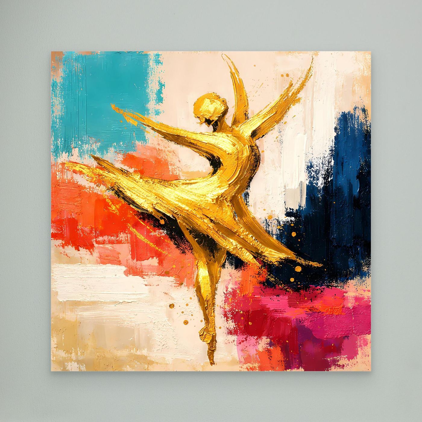 Abstraktes Leinwand-Wandbild mit goldener Ballerina, farbige Blau-Rot-Spritzer