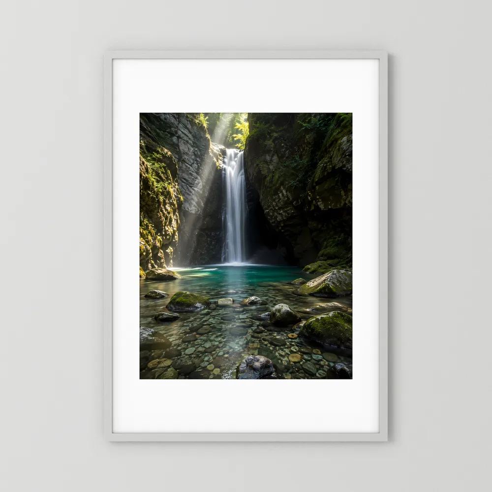 Hochformat-Poster mit weißem Passepartout und hellem Rahmen: Wasserfall im Canyon