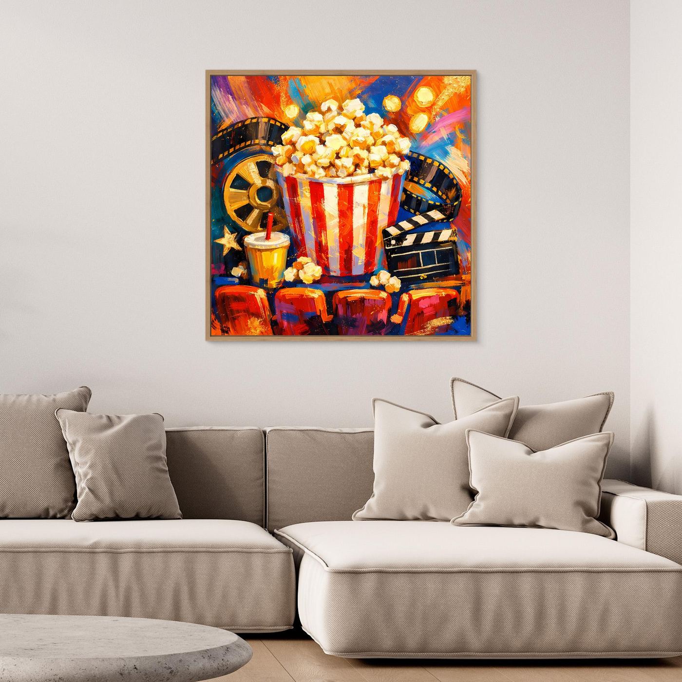 Leinwandbild: Popcornschale mit roten Streifen, Filmrollen und Leuchtelementen