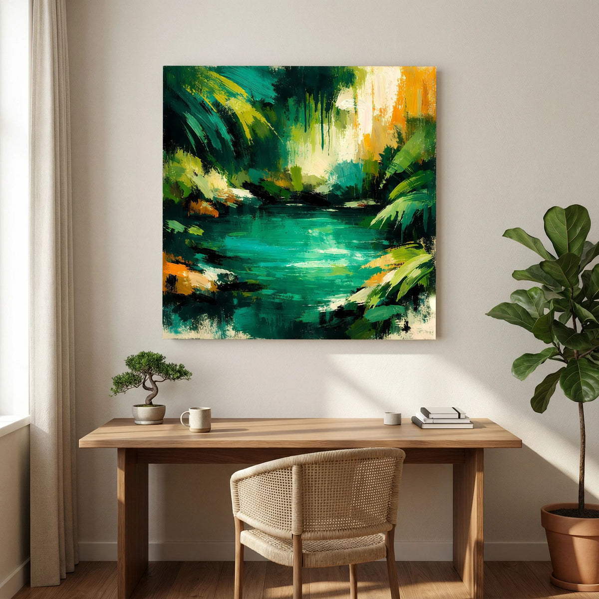 Leinwand Abstraktes Dschungelgewässer | Modernes Urwald Wandbild Smaragdgrün