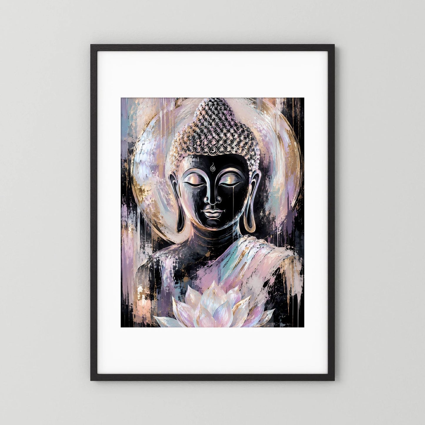 Buddha-Poster mit schwarzem Rahmen und weißem Passepartout, Lotusblüte sichtbar