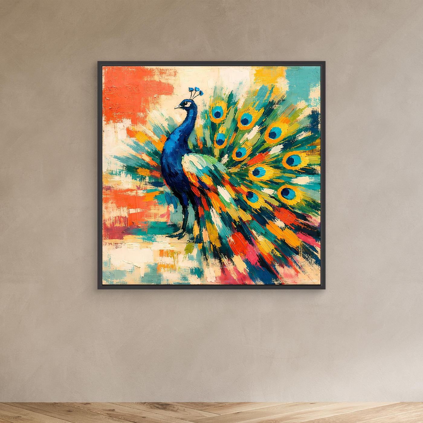Peacock canvas wall art with colorful fan feathers, black frame