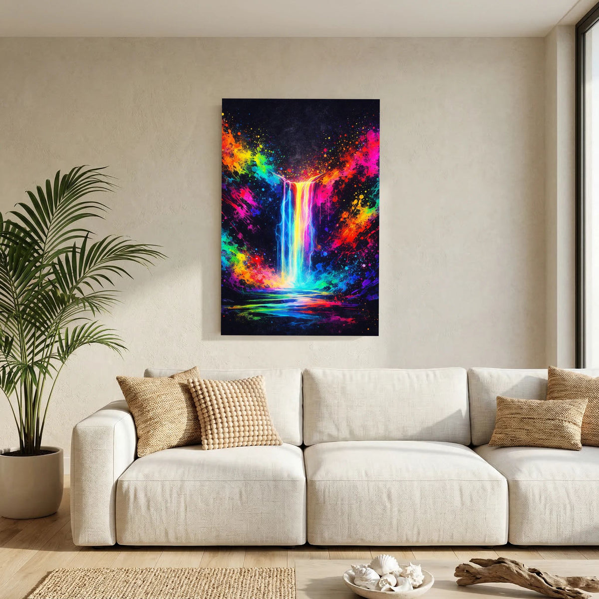 Hochformatiges Wandbild mit Neon-Wasserfall-Abstrakt, leuchtende Farben in Blau, Pink, Grün und Gelb
