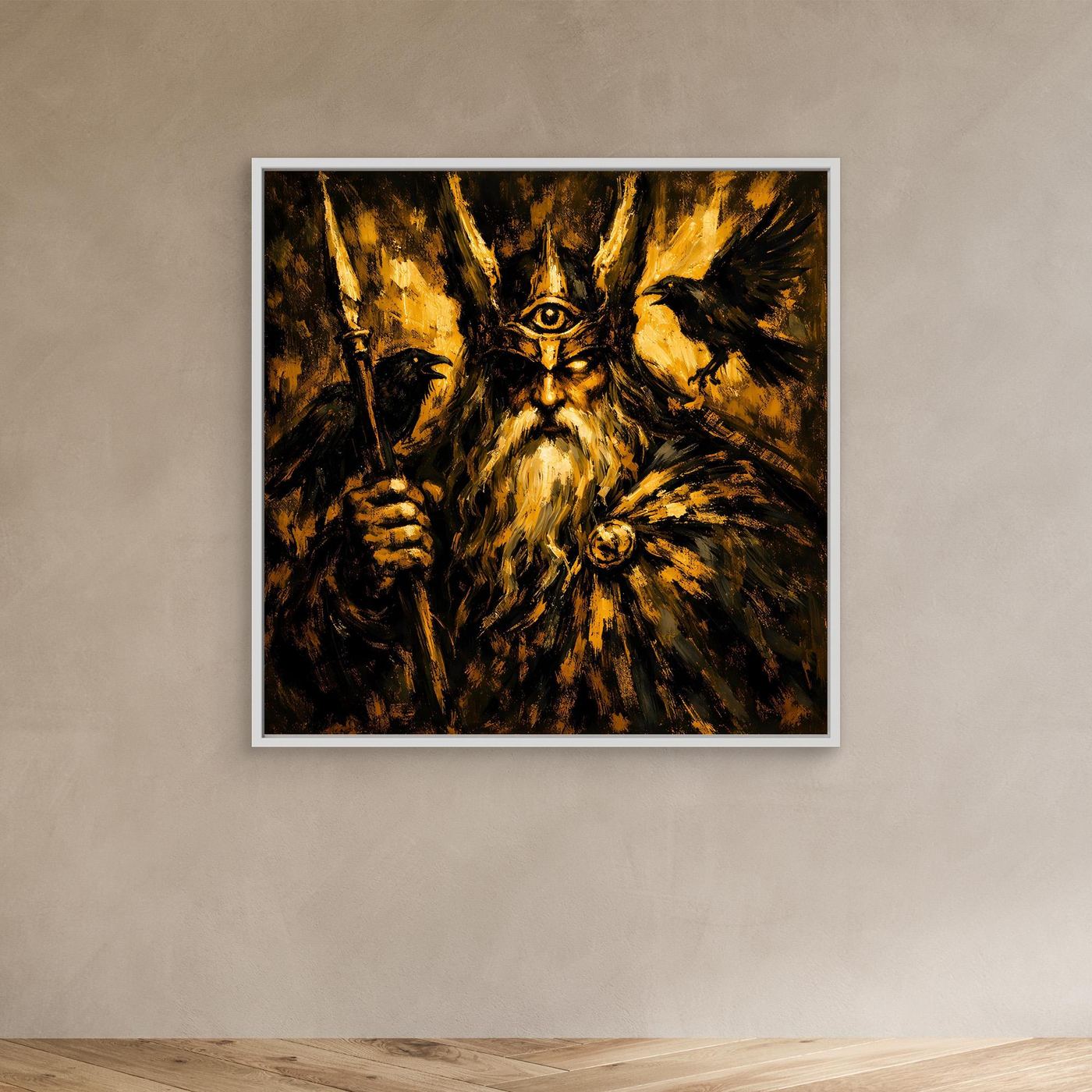 Leinwand Mythischer Allvater Odin in Goldoptik | Abstraktes Wikinger Götter Wandbild